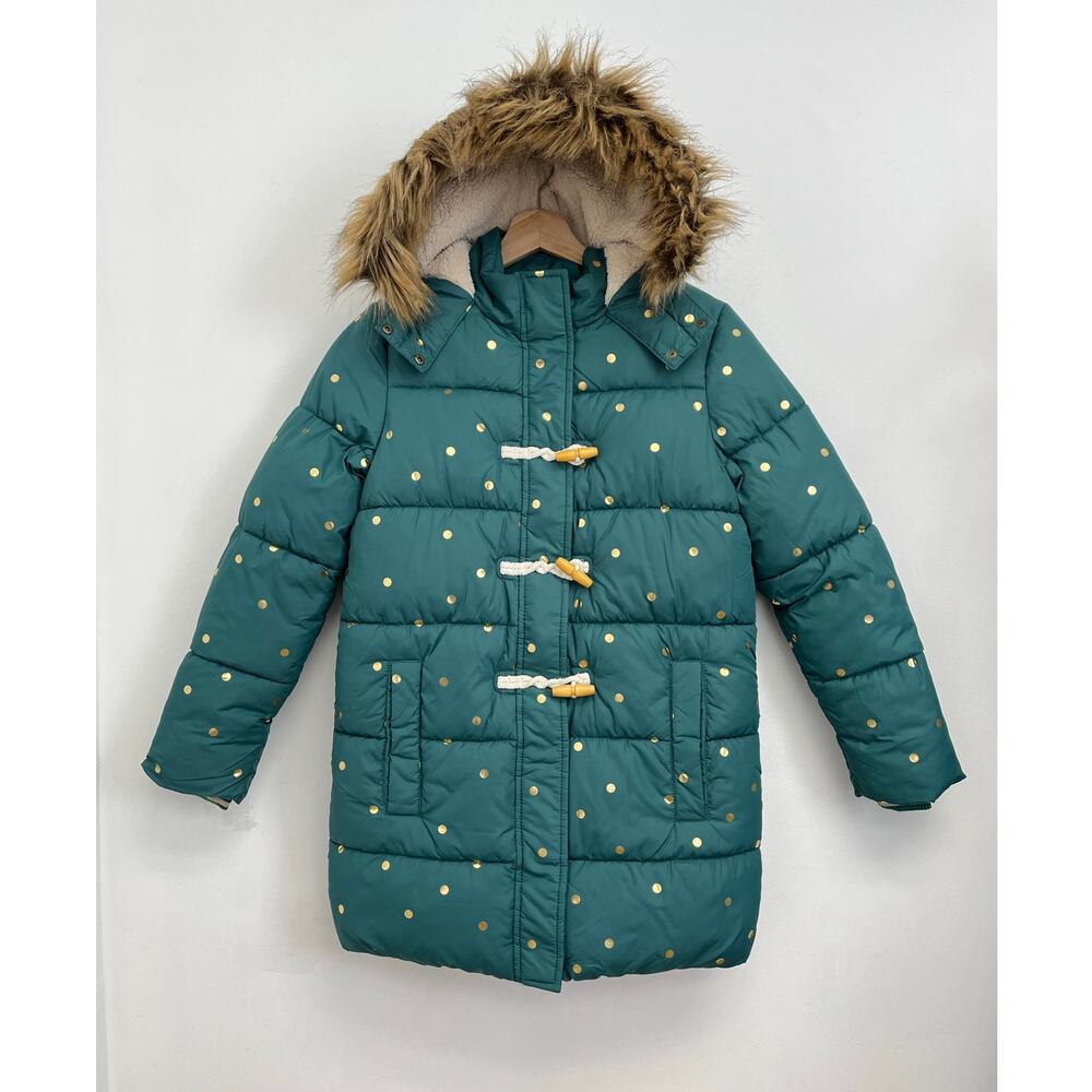 Mini Boden Longline Padded Hooded Toggle Puffer Coat Gold Polka Dot Girls11-12Y